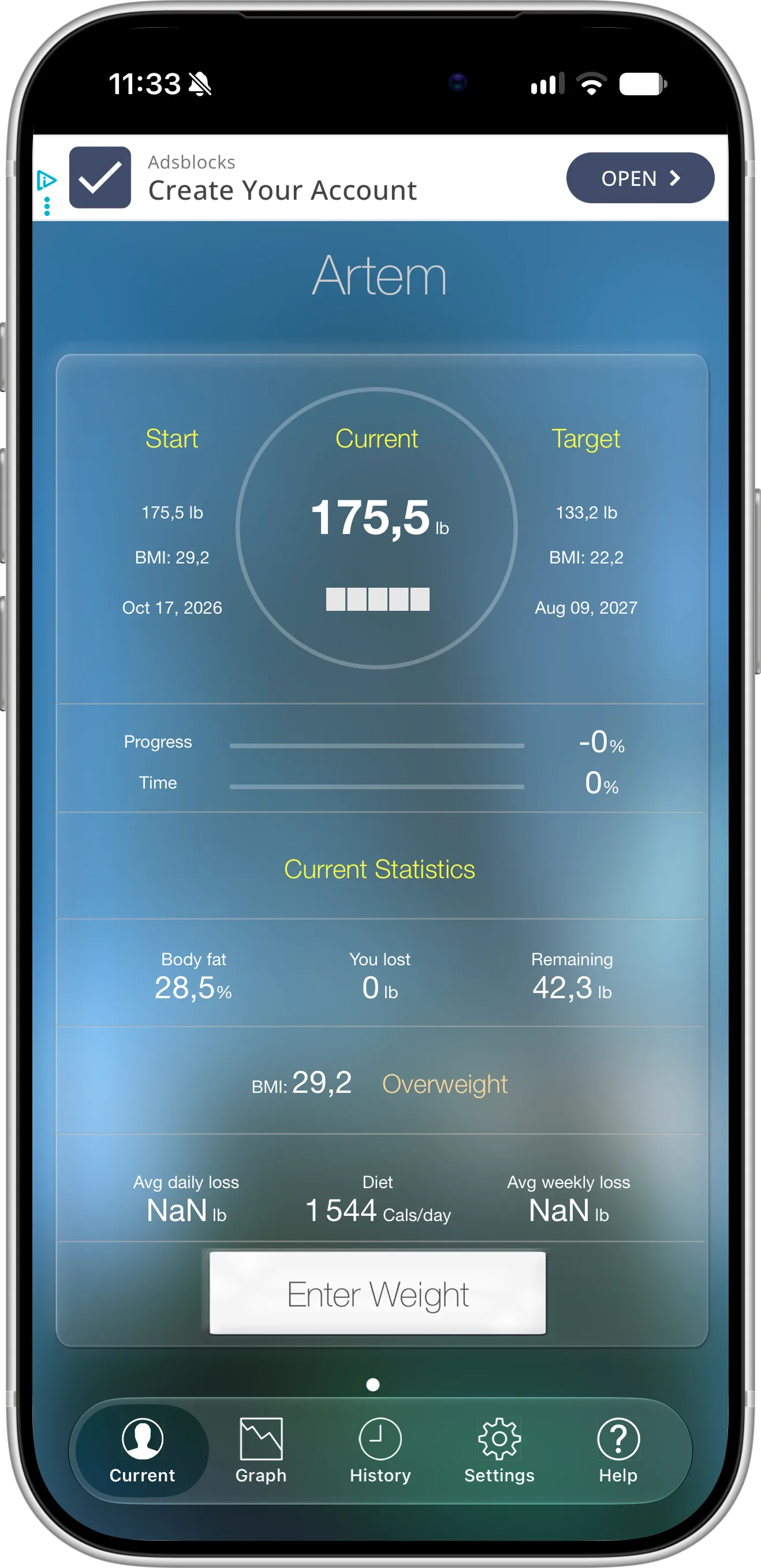 Screenshot of the Monitor Your Weight app on iPhone with iOS 27: an ad banner across the top, start, current and target weight, body fat, BMI, a daily calorie figure and average loss values showing NaN