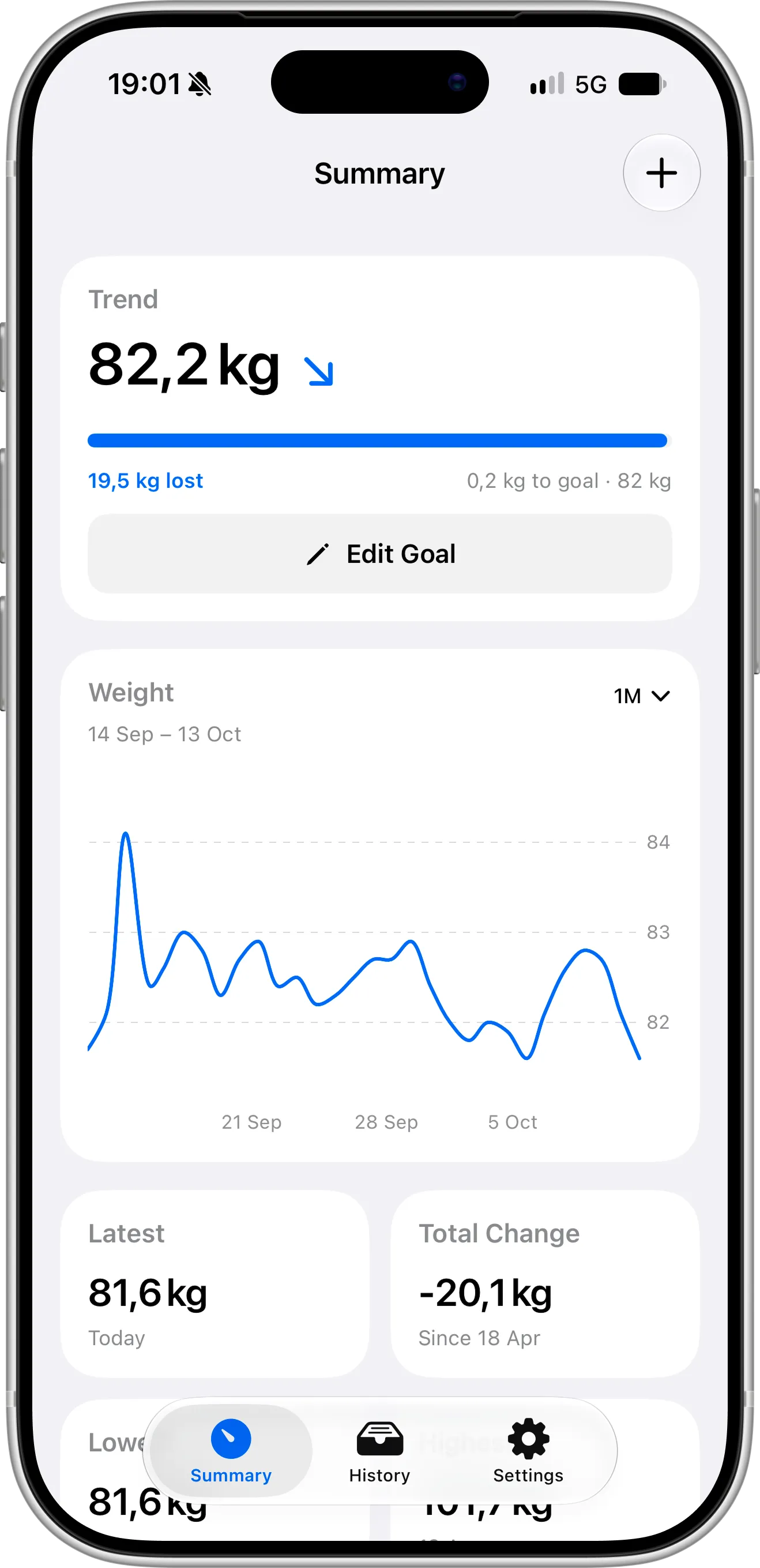 Scaler weight tracker main screen on iPhone with trend weight, goal progress and a weight chart