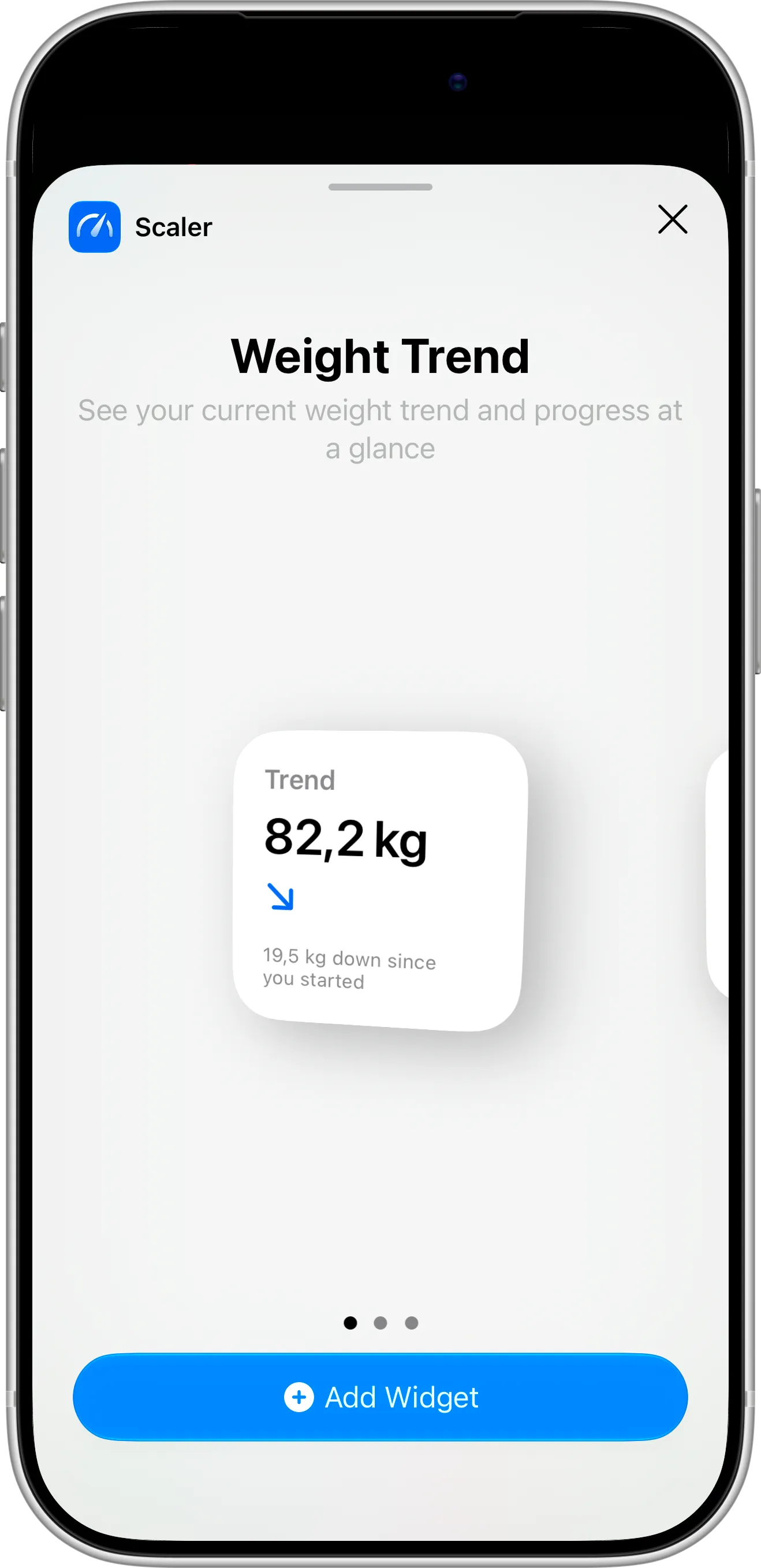 Scaler weight loss tracker Weight Trend widget in the iPhone widget gallery with the Add Widget button