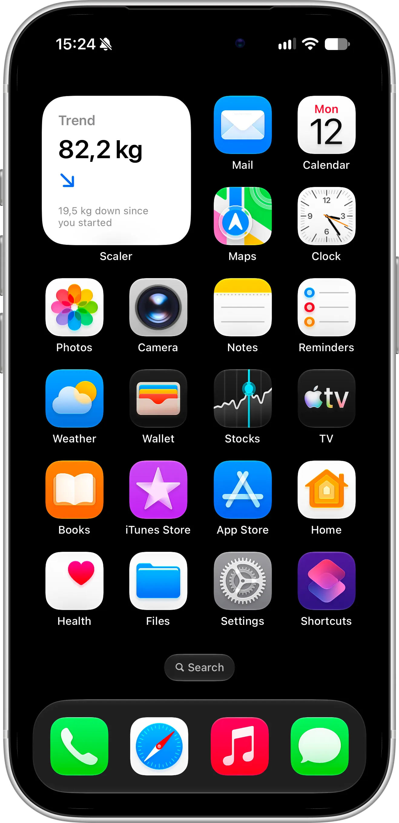 Scaler weight loss tracker Trend widget on the iPhone Home Screen showing current weight and kilograms lost since starting