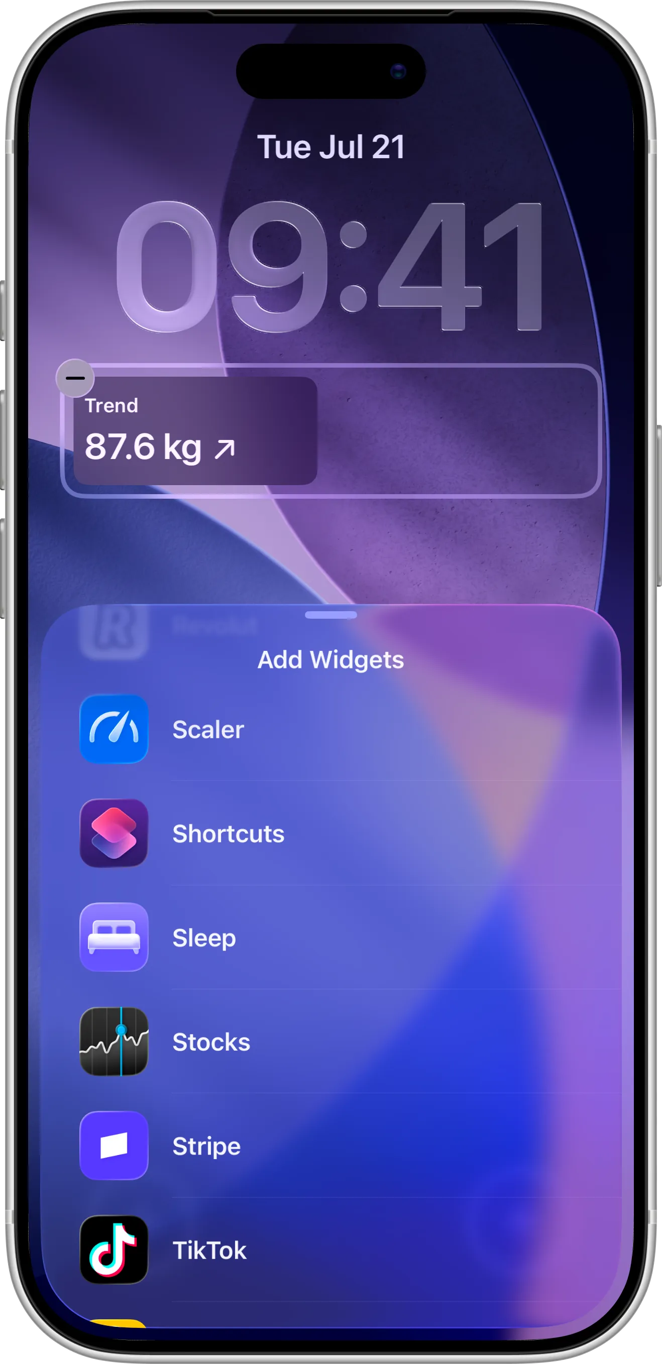 Adding the Scaler weight loss tracker Trend widget to the iPhone Lock Screen from the Add Widgets list