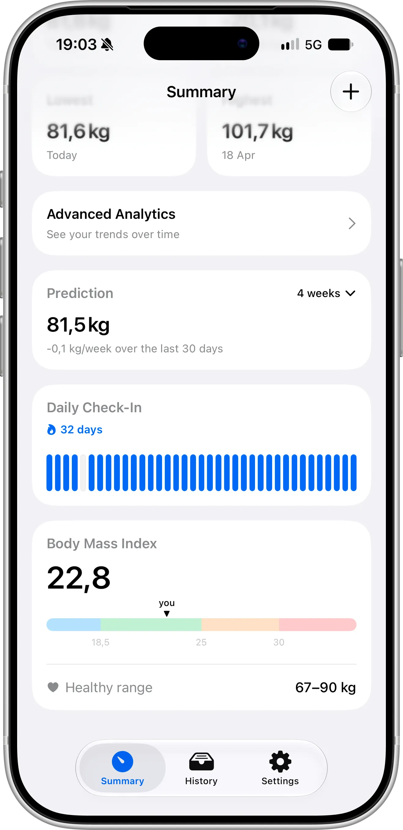 Scaler on iPhone showing BMI with the healthy weight range and a weight prediction based on recent entries