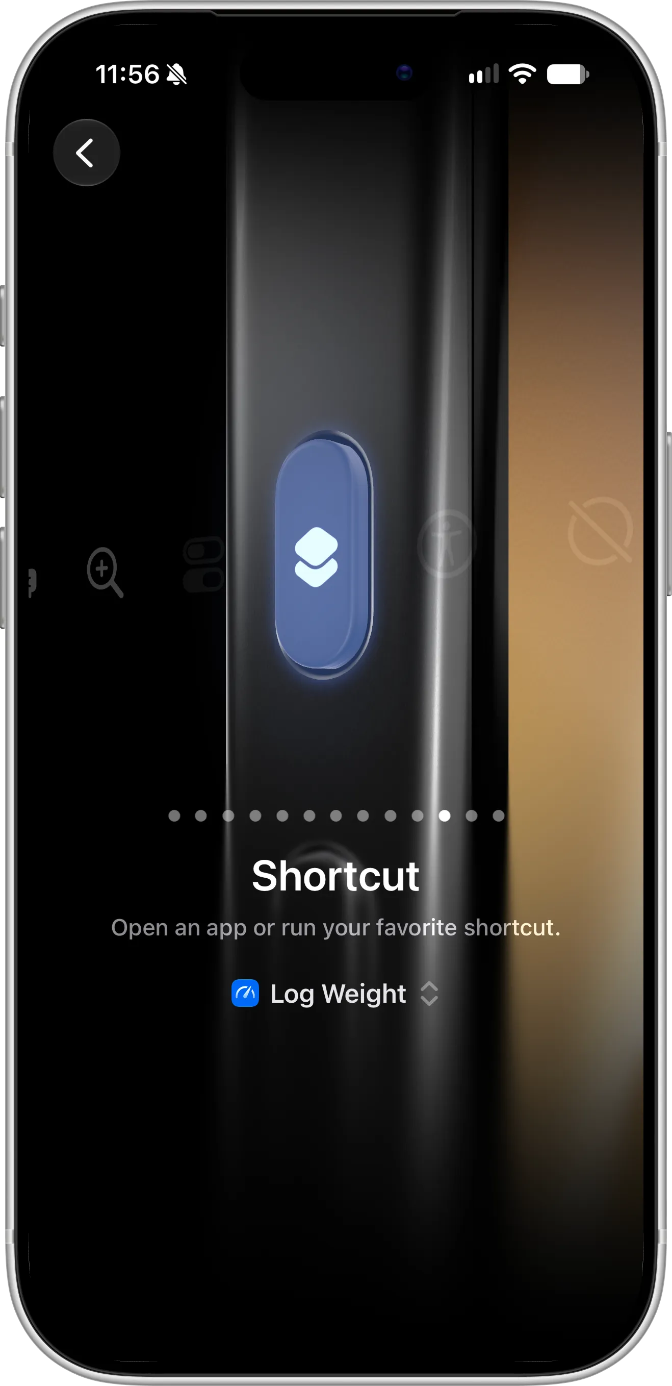 iPhone Action Button settings with the Shortcut option selected and Scaler’s Log Weight action assigned to the button