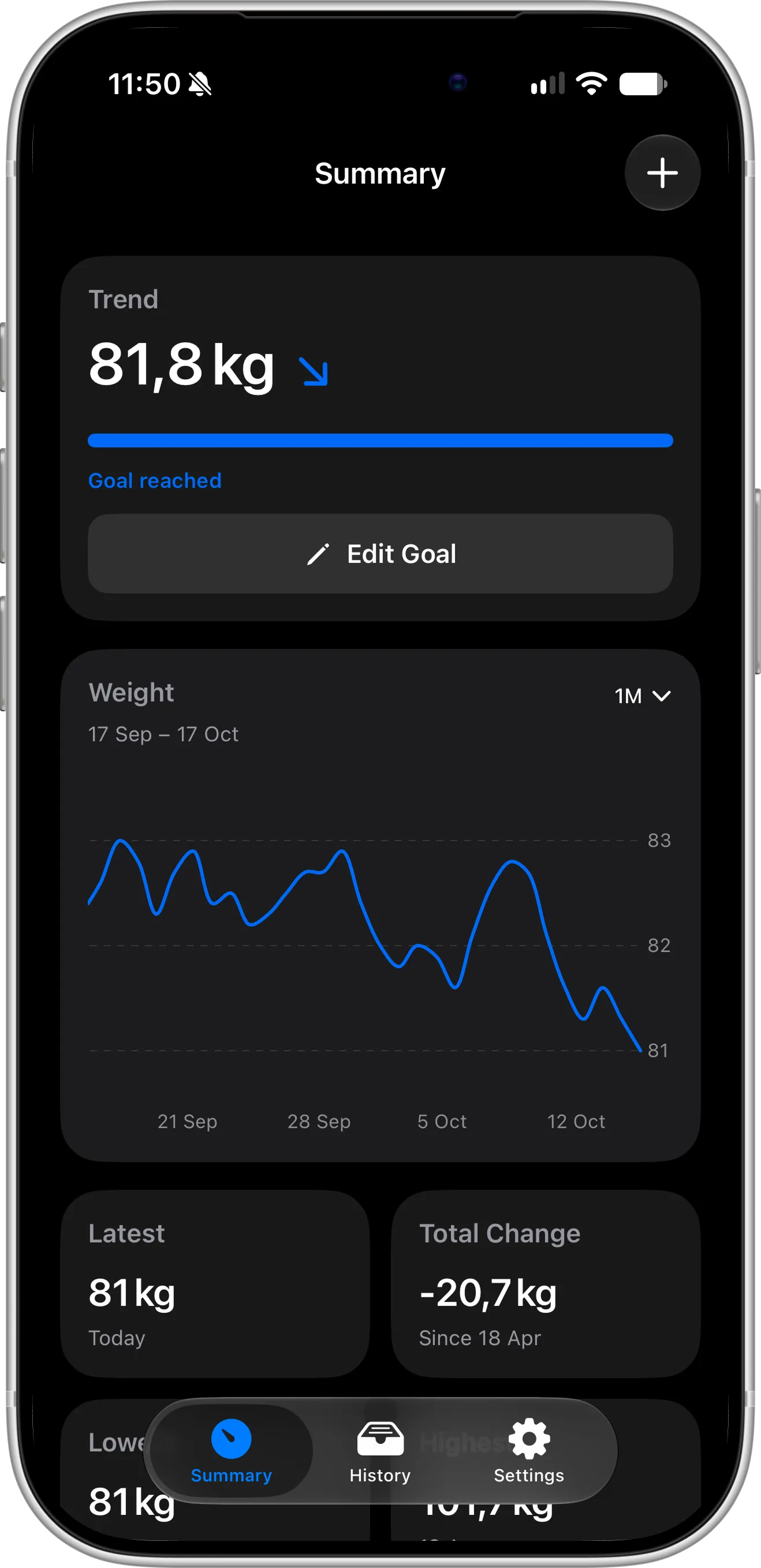 Scaler weight tracker on iPhone showing the trend weight, progress towards the goal and a weight chart