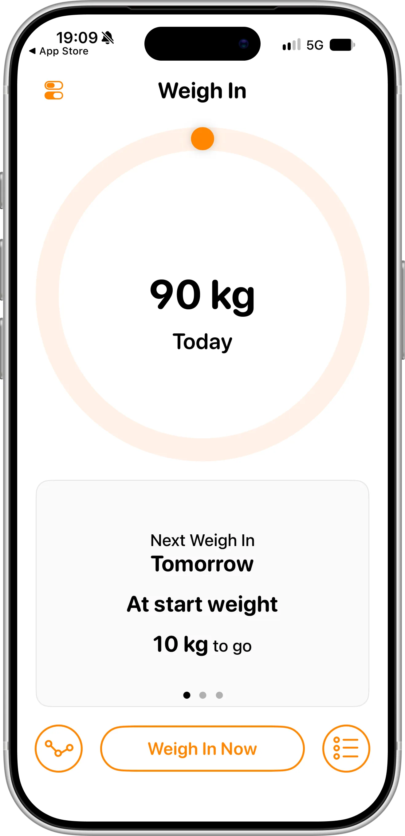 Weigh In: Weight Tracker app on iPhone with its weight entry screen and progress graph